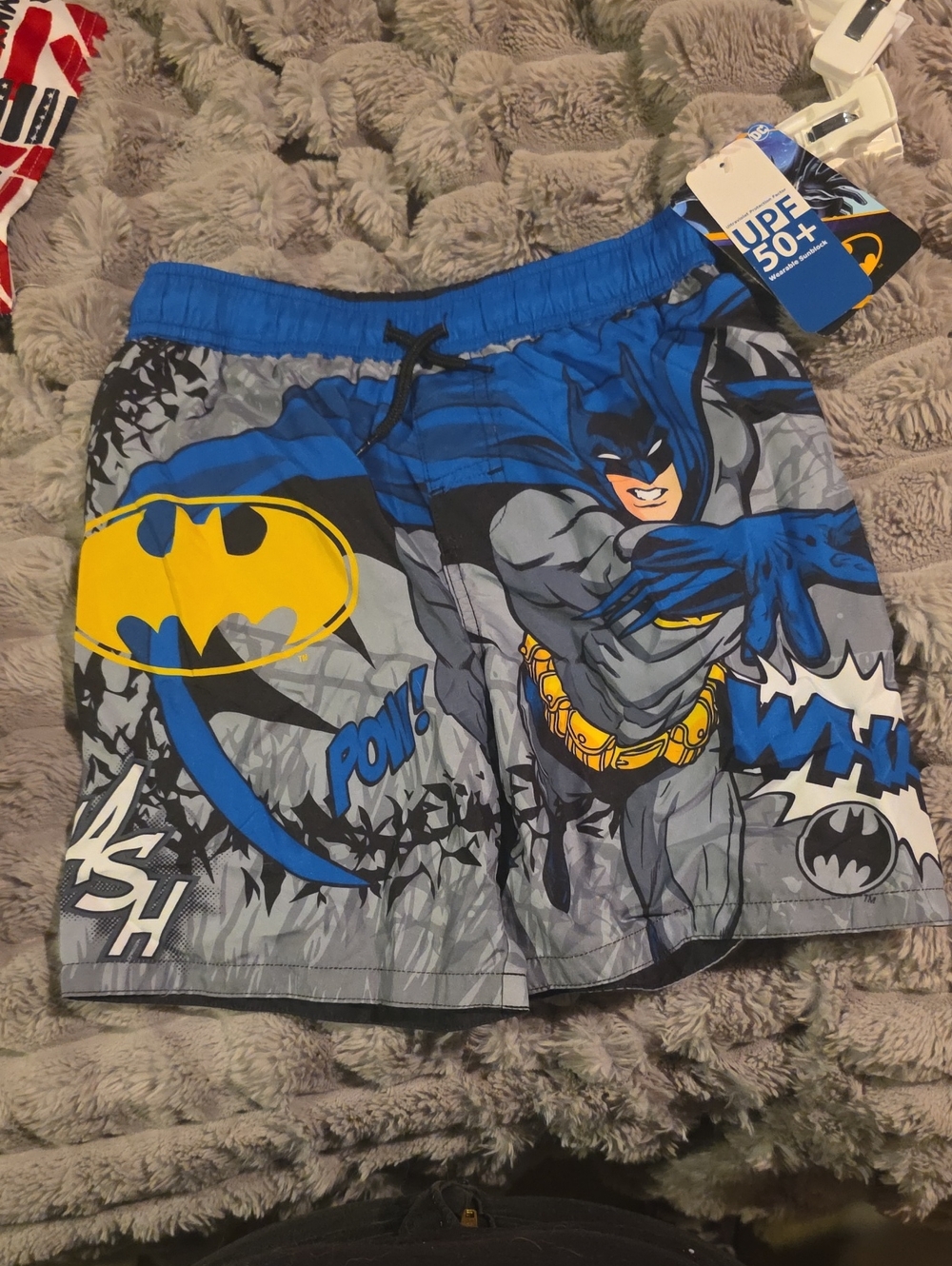 DC Comics Batman Blue and Gray Graphic Swim Shorts with Yellow Logo